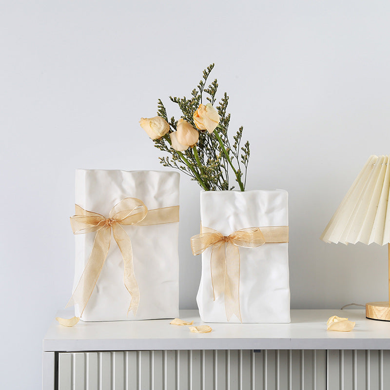 Large sculptural ceramic vase with paper-bag texture