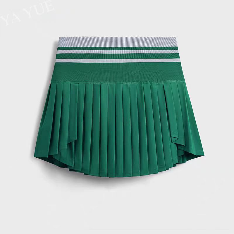Green pleated skirt with a gray waistband on a white background