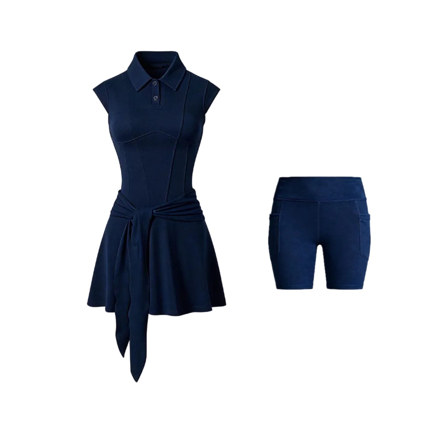 Navy blue sleeveless top and shorts set on a white background