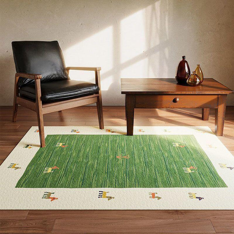 Minimalist green rug in sunlight – ShonD Aesthetic Living Collection