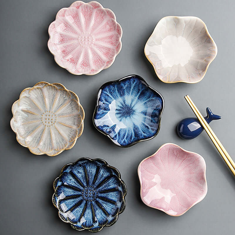 ShonD™ Japanese Ceramic Lotus & Sunflower Plates – Handcrafted Mini Dishes for Sauces, Snacks & Sides