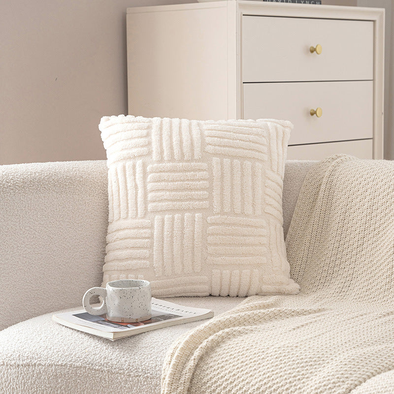 30×50cm lumbar cream pillow styled on neutral bed
