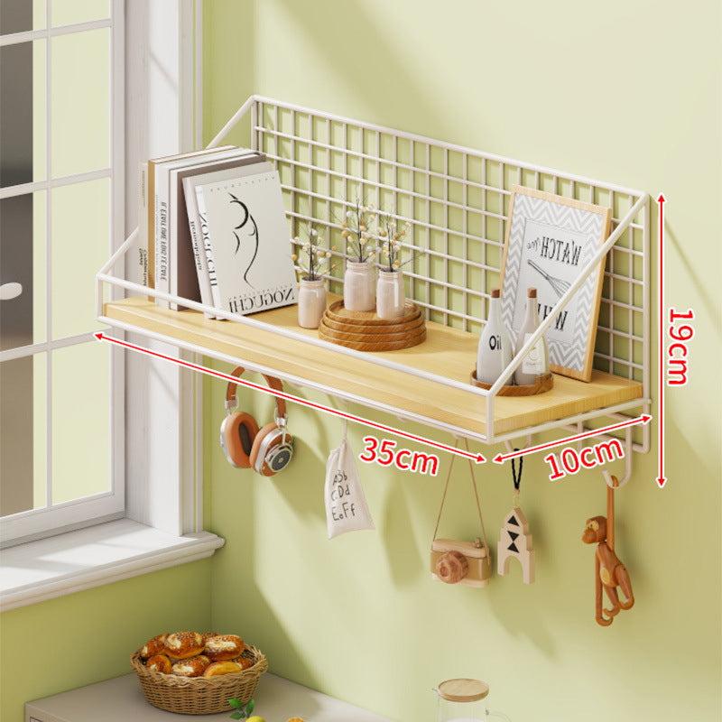 Adhesive white shelf with standard hook setup on tiled wall
