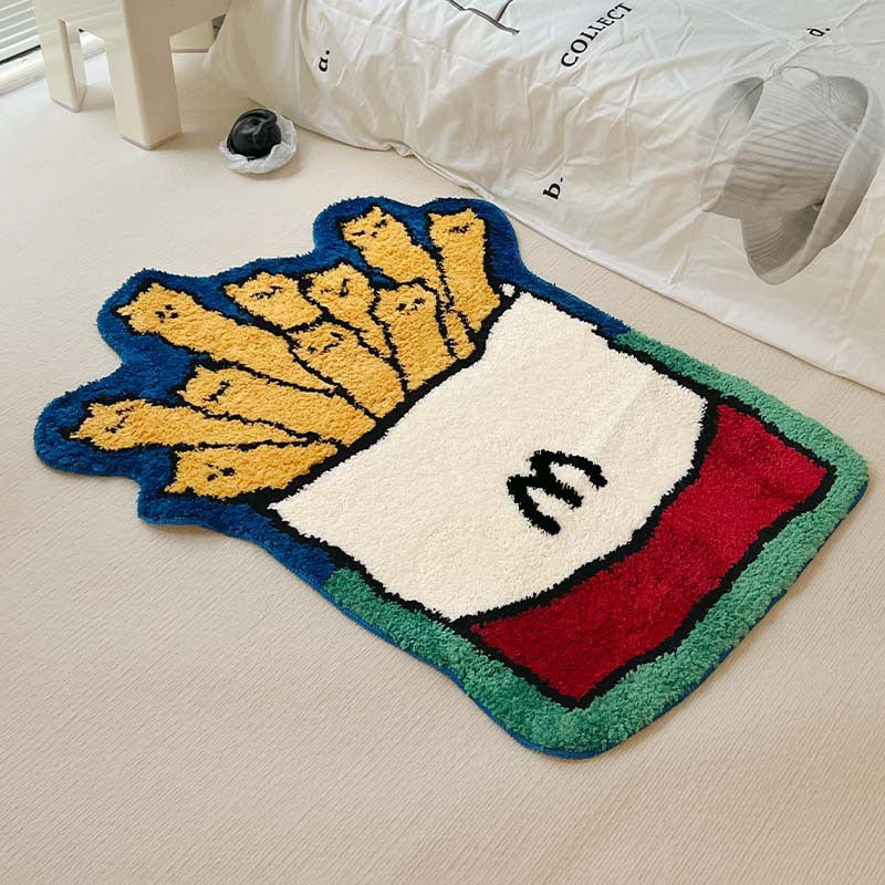 Limited Edition Cartoon Rugs – Croissant, Fries, Cheese & Roll Cake | Soft Imitation Cashmere Bedside Carpet