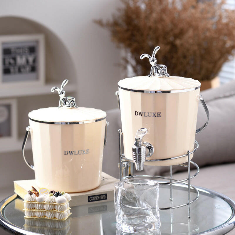 Colored beverage bucket variant with faucet and metal frame
