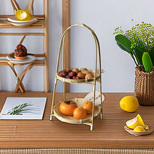 Two-layer bamboo snack display tray with stand
