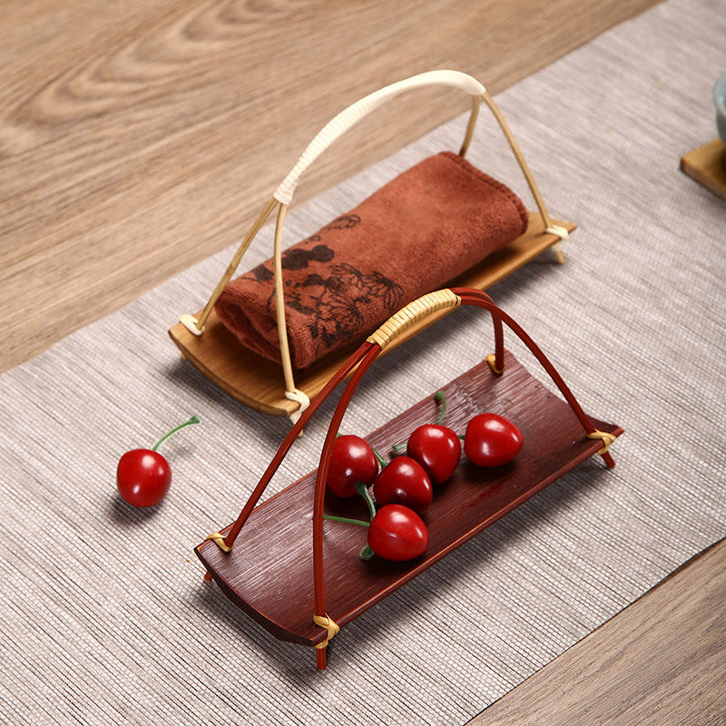 Hand-held natural bamboo tray with woven dim sum style
