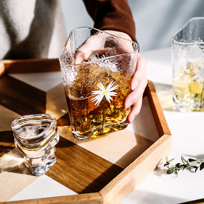 SHOND™ Nordic hammered glass cups with gold rim and floral art

