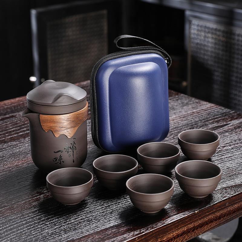SHOND™ 7-piece portable ceramic travel tea set with dragon & phoenix glaze
