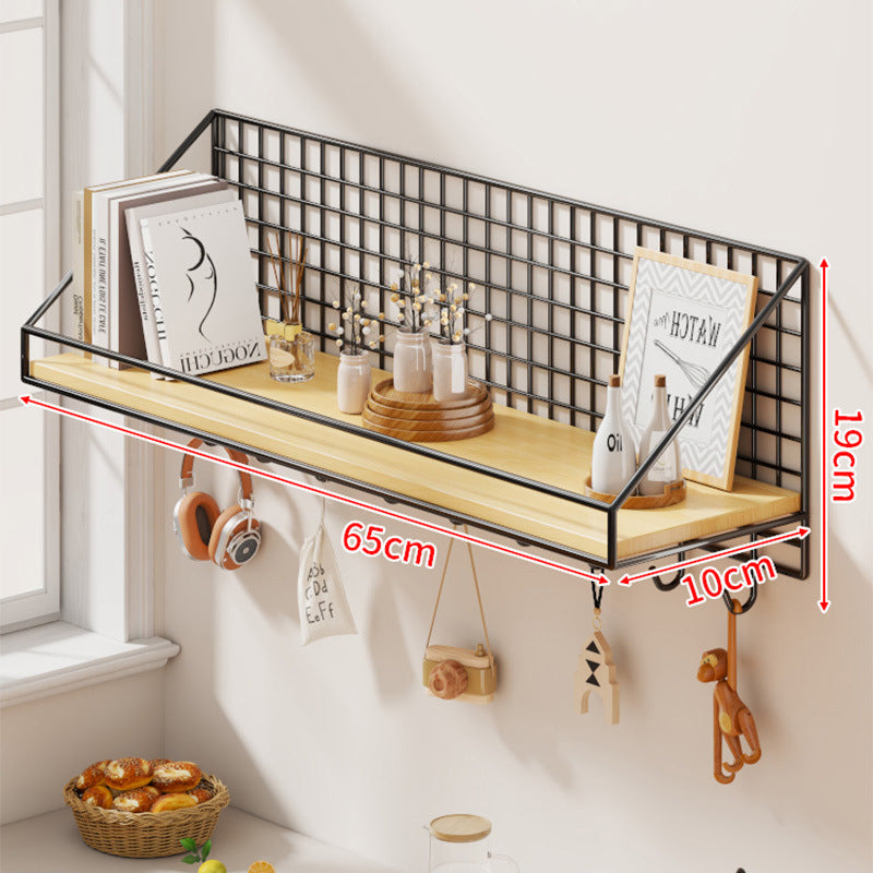 Matte black floating shelf with hook in modern hallway
