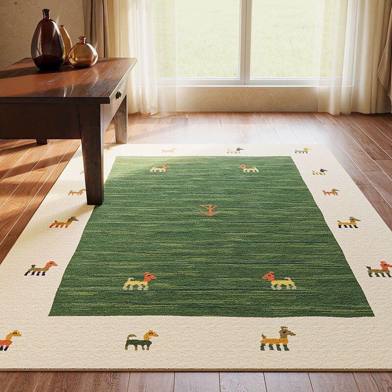 Washable low-pile cream carpet under coffee table