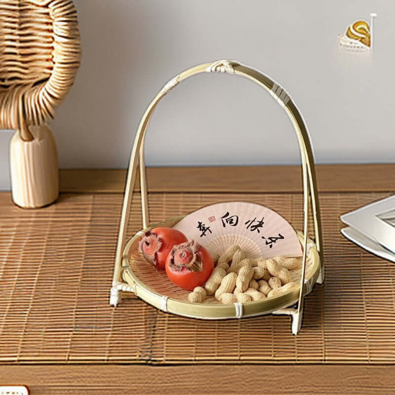 Small round bamboo tray with single tier and black stand

