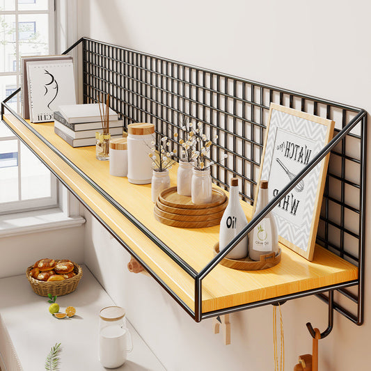 Minimalist no-drill floating wall shelf in white with hook
