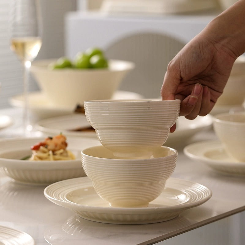SHOND Milky White Brushed Ceramic Tableware Set – Minimalist Nordic Plates, Bowls & Spoons