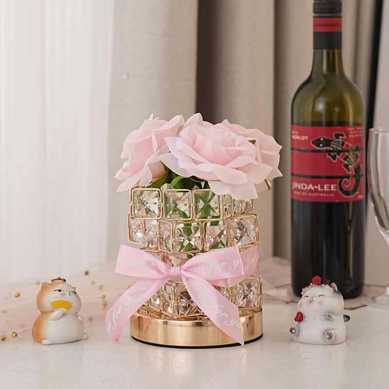 Romantic pink rose lamp next to soft decor