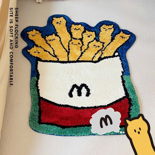 Cartoon fries rug in cozy minimalist bedroom setting
