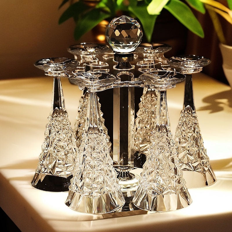 Overhead view of 6-piece crystal champagne set
