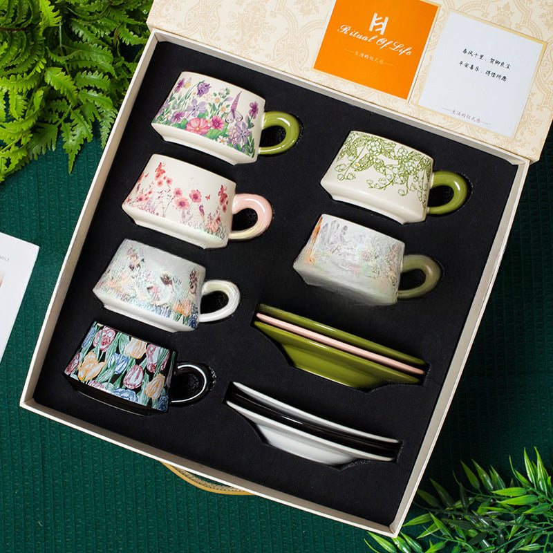 6 floral tea cups and saucers arranged in a gift box
