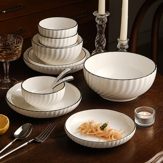 SHOND™ Xuanyue white ceramic bowls and plates on table
