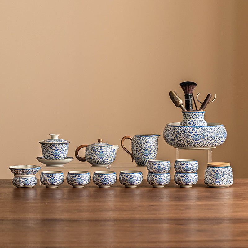 SHOND™ Ru Kiln blue & white lotus teaware collection – teapot, cups
