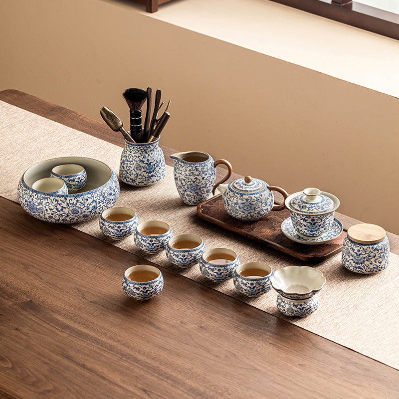 SHOND™ Ru Kiln blue & white lotus teaware collection – teapot, cups
