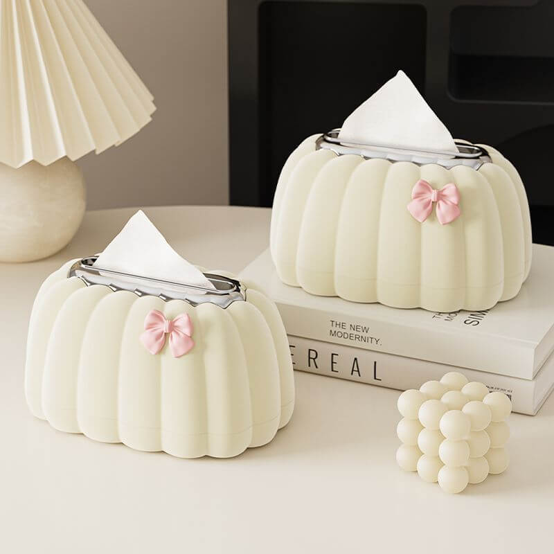 Pumpkin-shaped tissue box on a modern living room coffee table – neutral decor accent