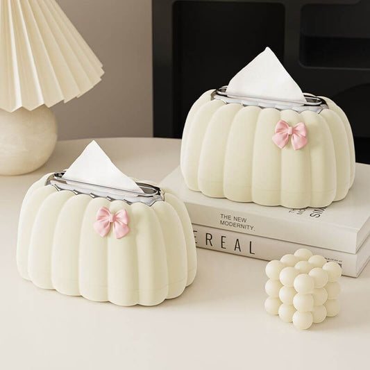 Pumpkin-shaped tissue box on a modern living room coffee table – neutral decor accent