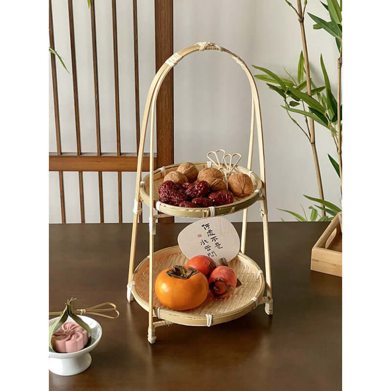 Two-layer bamboo snack display tray with stand
