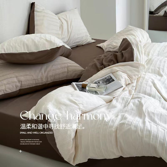 ZenNest™ beige jacquard bedding set on minimalist bed frame

