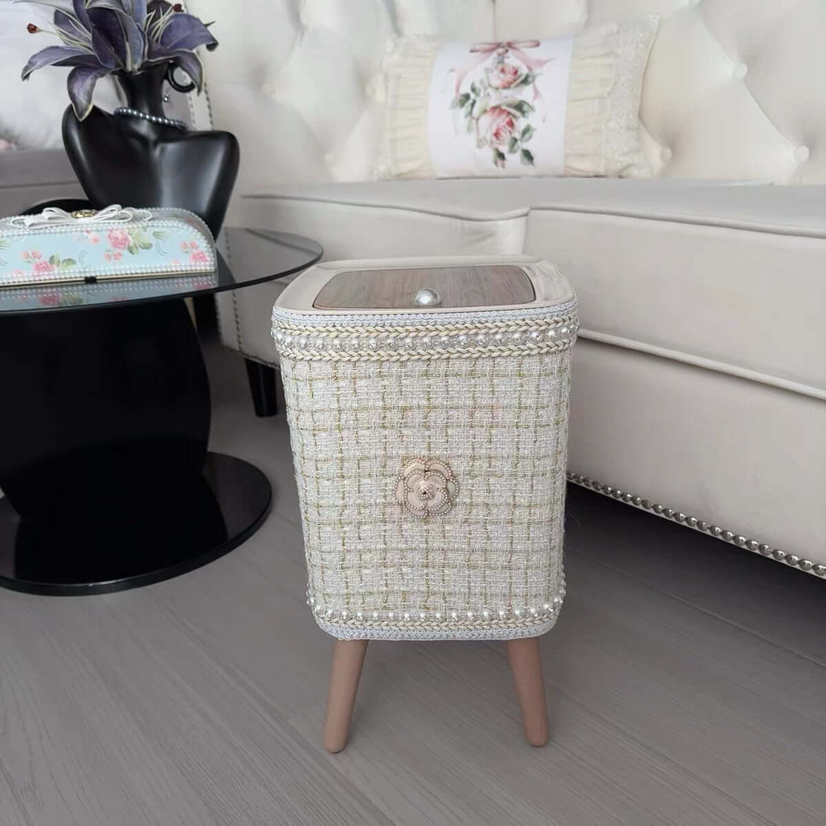 Hands-free push lid on ShonD™ Nordic Trash Bin – Minimalist Black Design