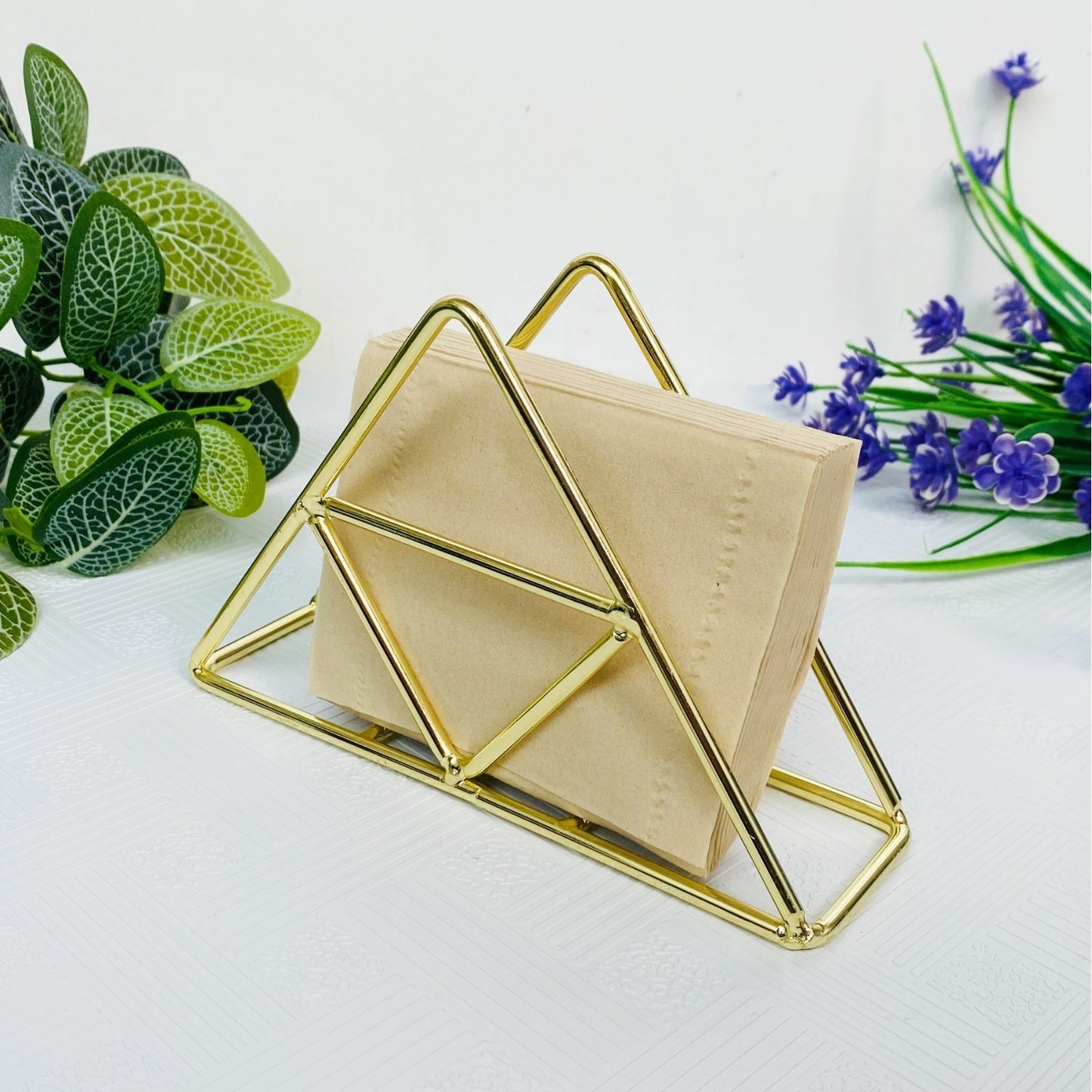SHOND™ Minimalist Gold Paper Towel Holder | Wrought Iron Triangle Stand – Rose Gold & Gold Box Options