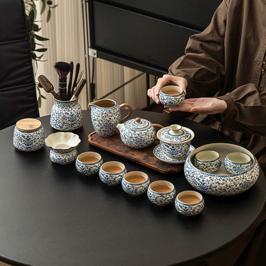 SHOND™ Ru Kiln blue & white lotus teaware collection – teapot, cups
