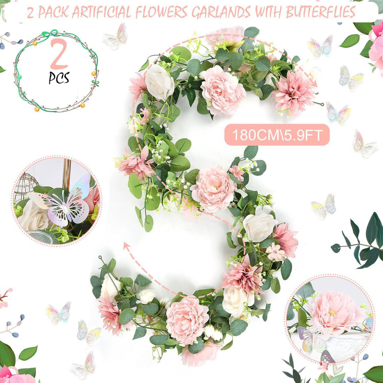 Artificial pink rose garland styled above a white table
