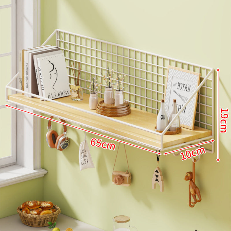 Adhesive white shelf with standard hook setup on tiled wall
