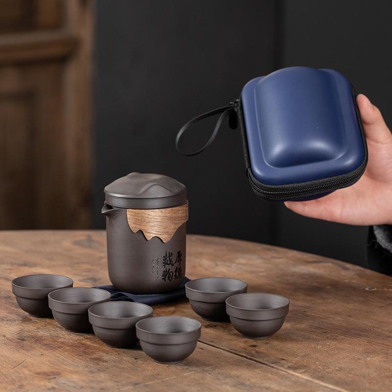 SHOND™ 7-piece portable ceramic travel tea set with dragon & phoenix glaze
