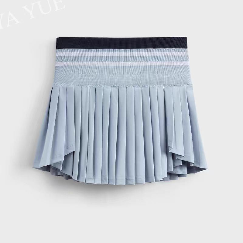 Light blue pleated skirt with a black waistband on a white background