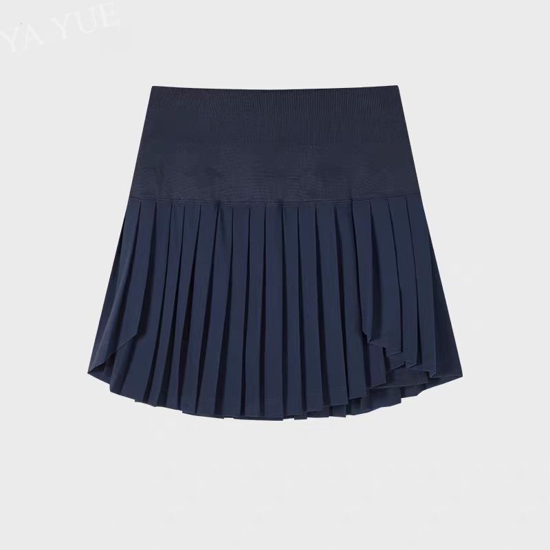 Navy pleated skirt on a light gray background