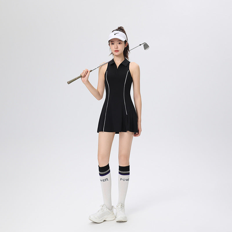 Woman in a black sleeveless golf dress holding a golf club on a white background