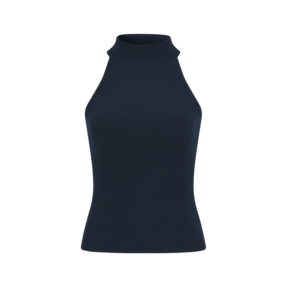 Navy blue ribbed tank top on a white background