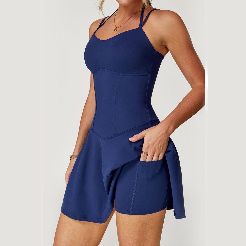 Woman wearing a blue athletic outfit on a white background