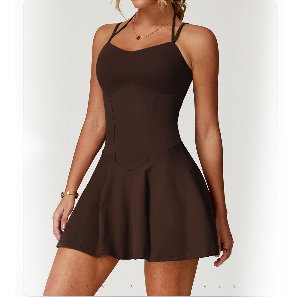 Brown dress worn by a model on a white background