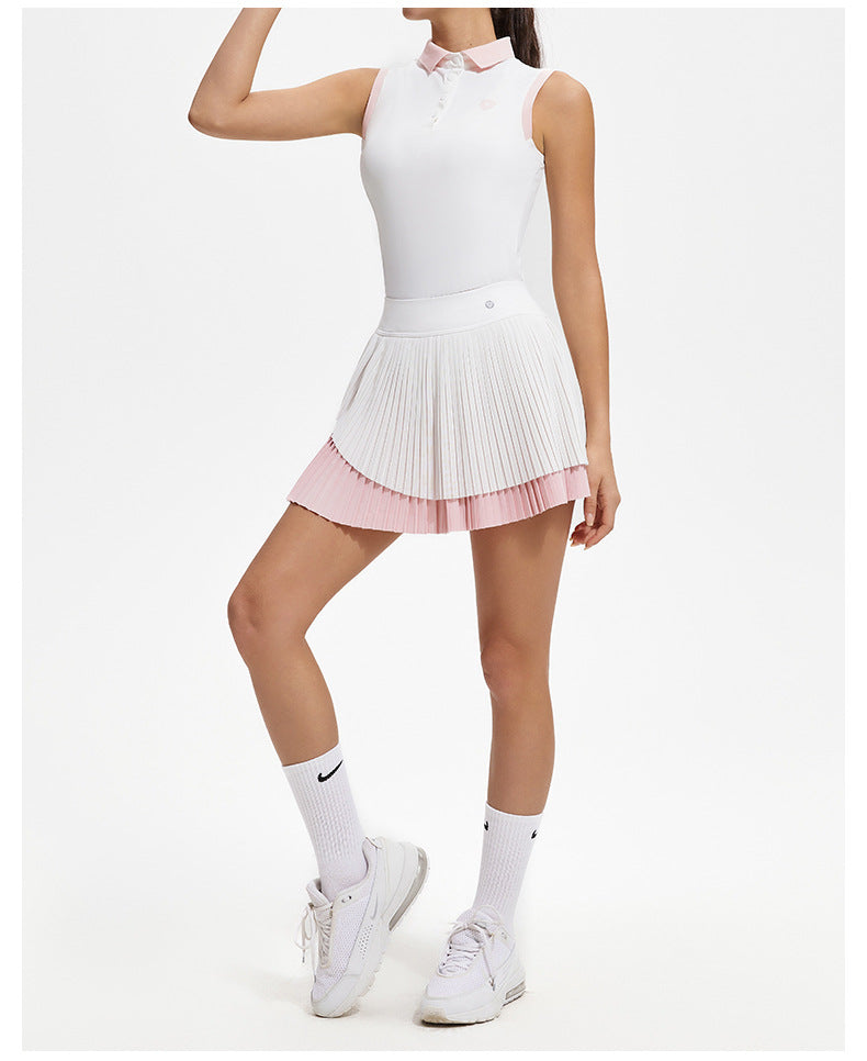 Person wearing a white sleeveless top and pleated skirt with pink trim on a white background
