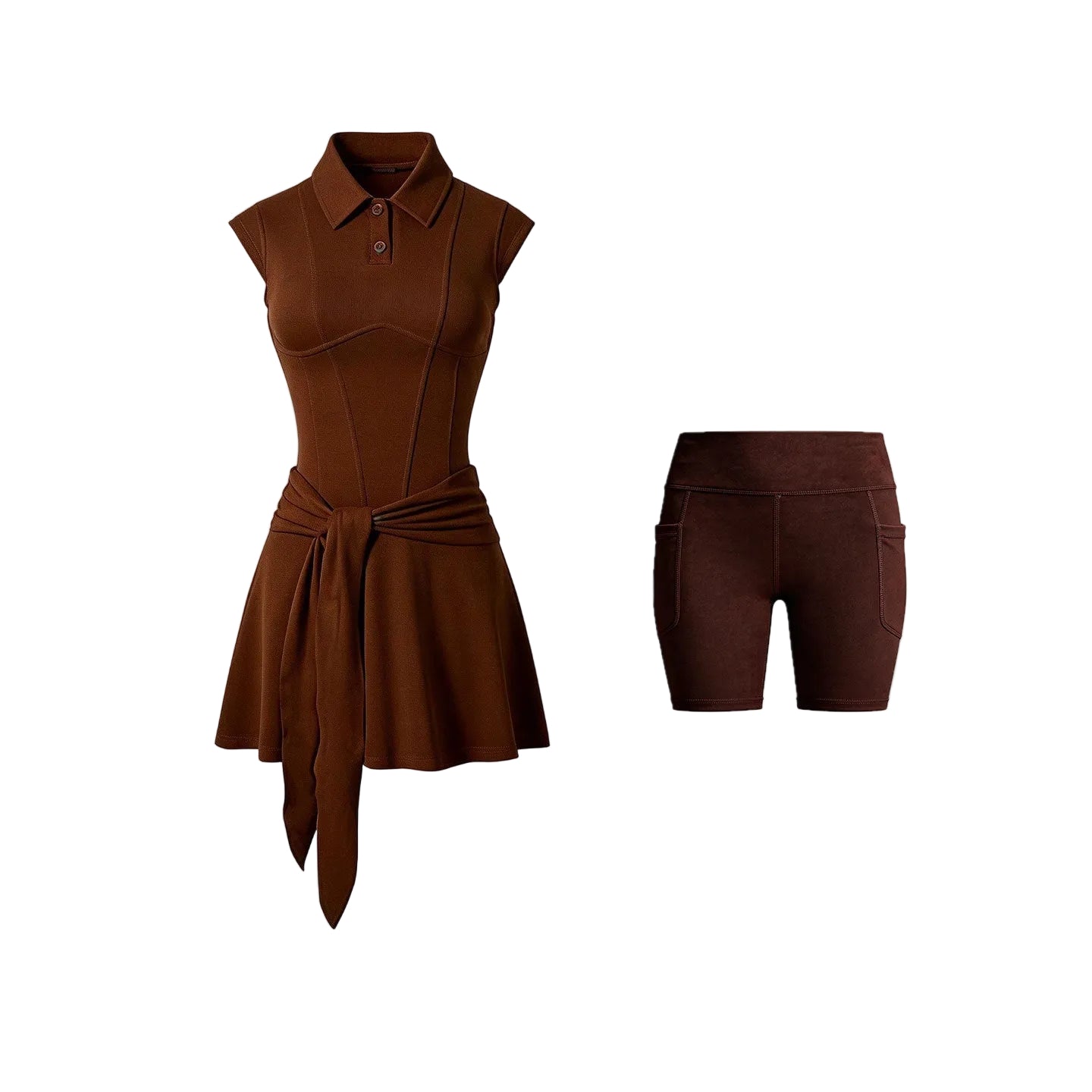 Brown sleeveless dress and shorts set on a white background