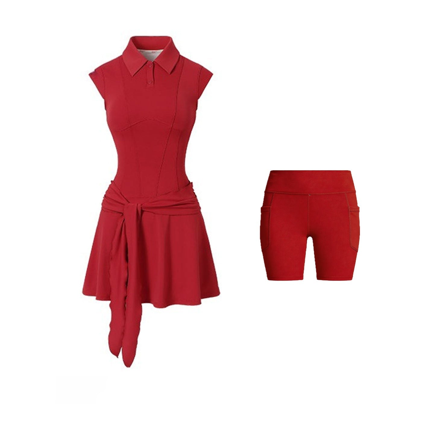 Red sleeveless top and shorts set on a white background