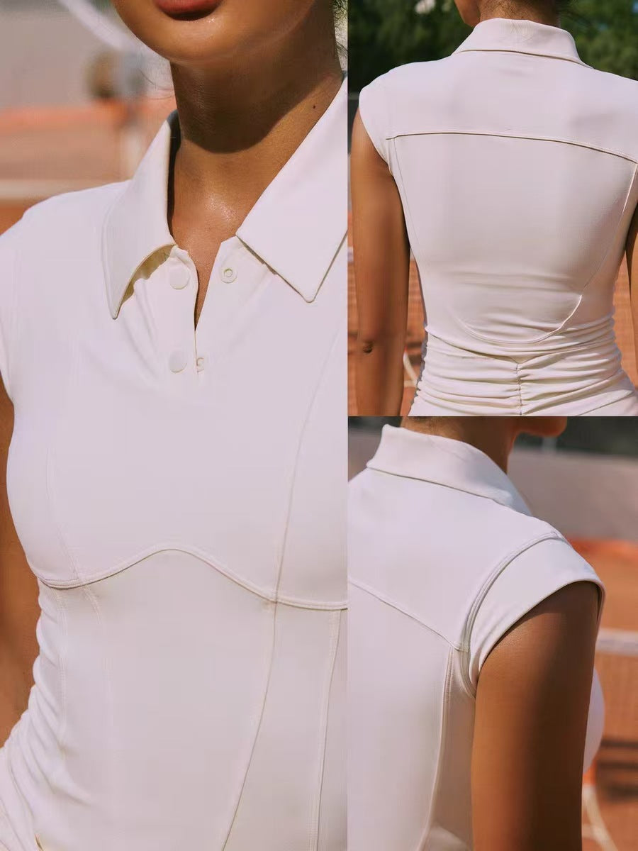 White sleeveless top with a collar and front button details, shown from different angles.