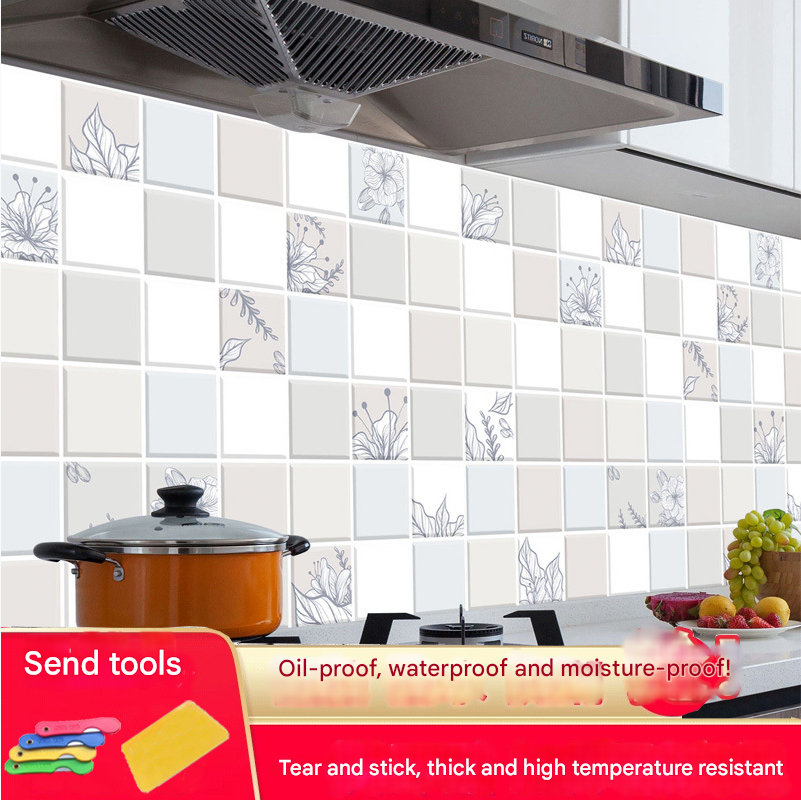 Tile-effect gray kitchen backsplash sticker on stove wall
