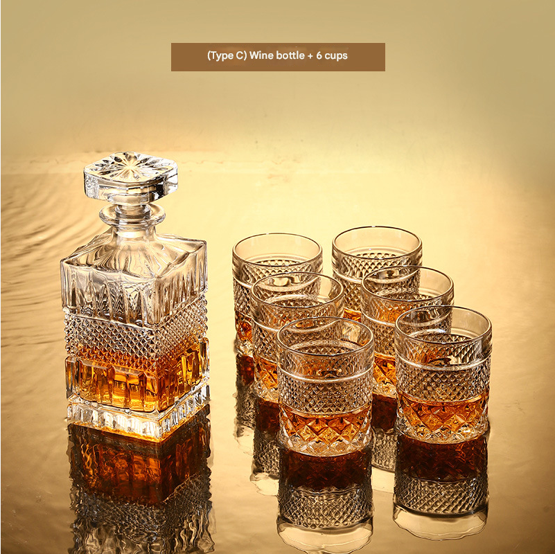 SHOND™ Crystal Carved Decanter & Wine Glass Set – Clear cut-glass design
