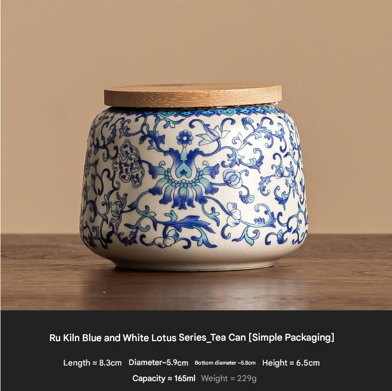 Ceramic tea canister with lotus motif and crackled blue glaze
