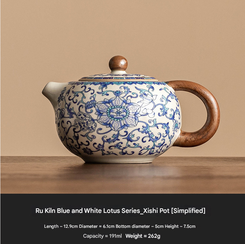 Compact blue & white teapot with classic clutch design and lotus pattern
