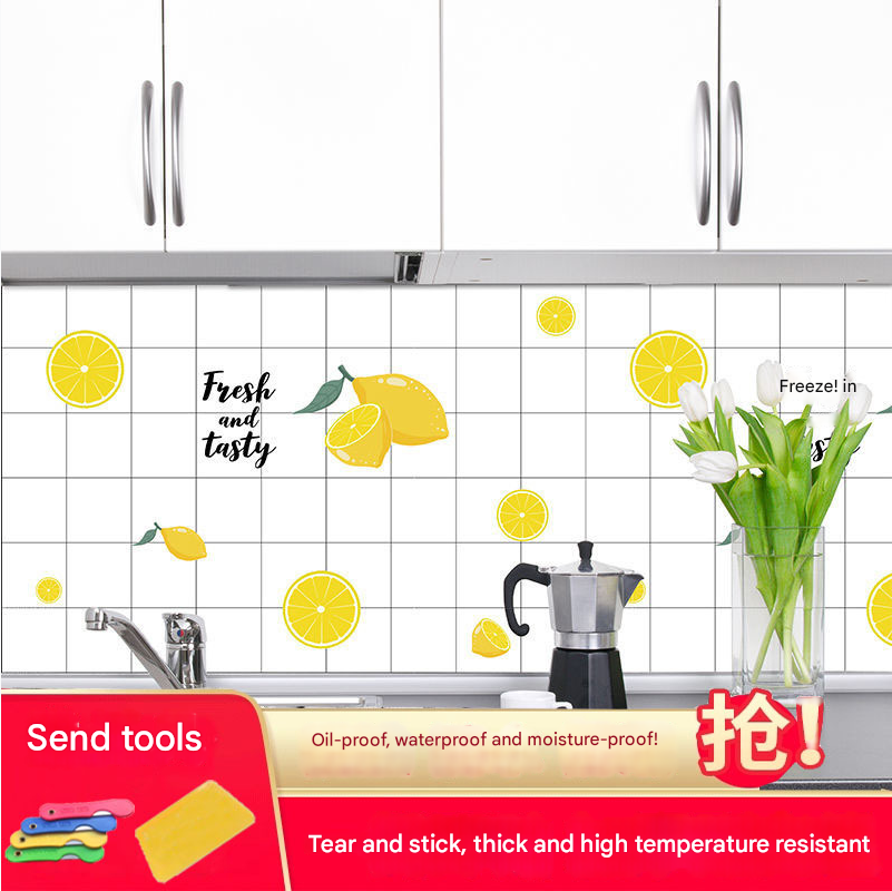 Yellow lemon print kitchen wall sticker on white tiles

